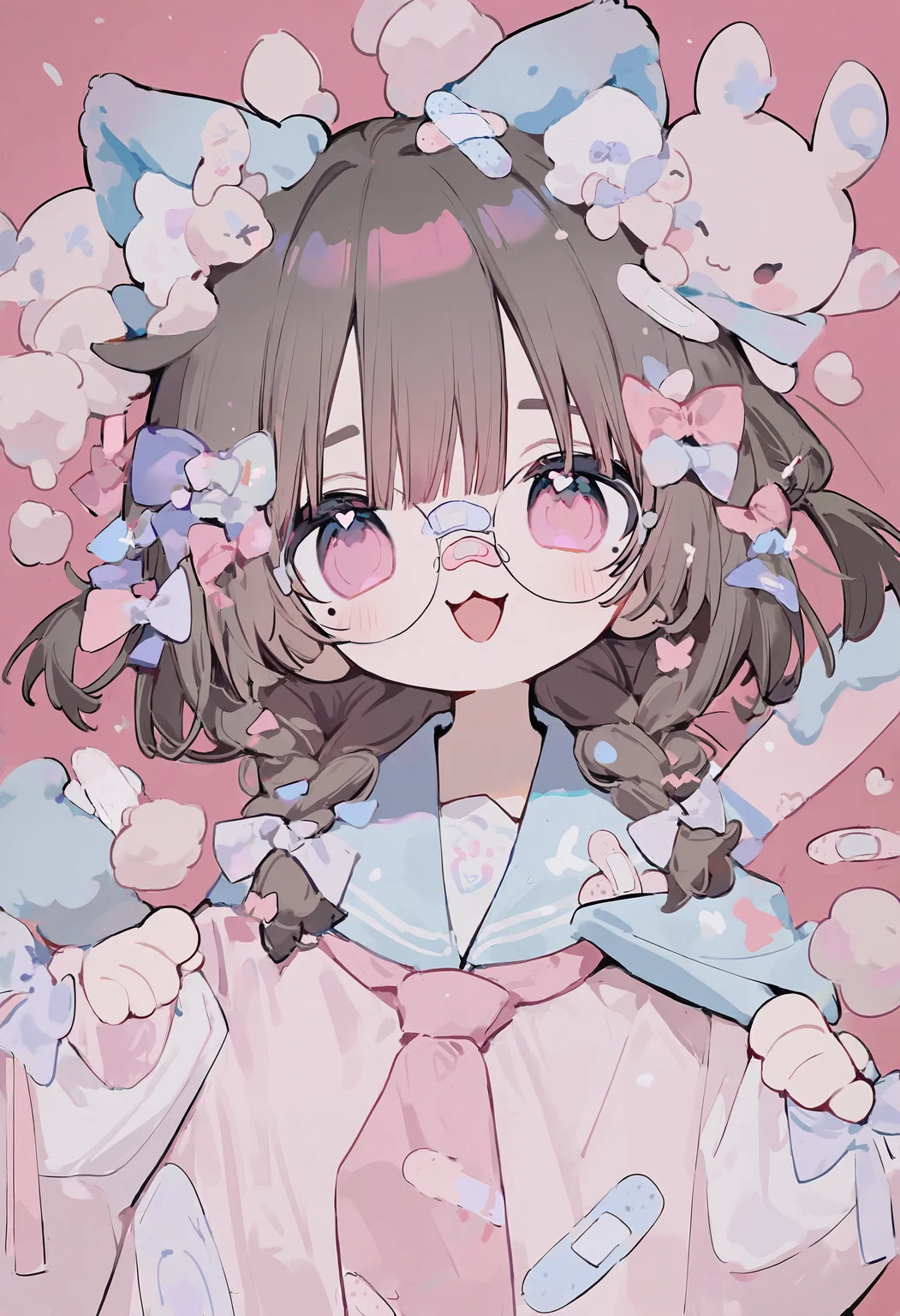 (ask \(askzy\):0.35), masterpiece, best quality, very aesthetic, absurdres, year 2024, year 2023, chibi, fuchsia theme, 1girl, solo, side braids, brown hair, bandaid on nose, cute, blush, :3, open mouth, looking at viewer, dutch angle, high angle, pink eyes, sailor shirt, pink tie, multiple hair bows, mole under eye, glasses, animal ears, stuffed animal, stuffed rabbit,
