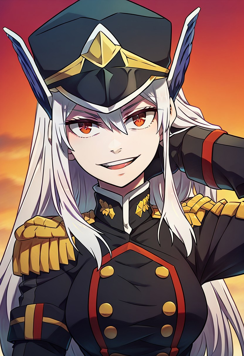score_9_up, score_8_up, score_7_up, extreamly detailed, beautiful detailed face, complex detailed background, completely clothes, BREAK, 
KYOUKA UZEN (MATO SEIHEI NO SLAVE), KYOUKA UZEN MILITARY UNIFORM, 1girl, solo, long hair, looking at viewer, smile, open mouth, red eyes, gloves, hat, white hair, uniform, military, military uniform, epaulettes, hand in own hair, shako cap