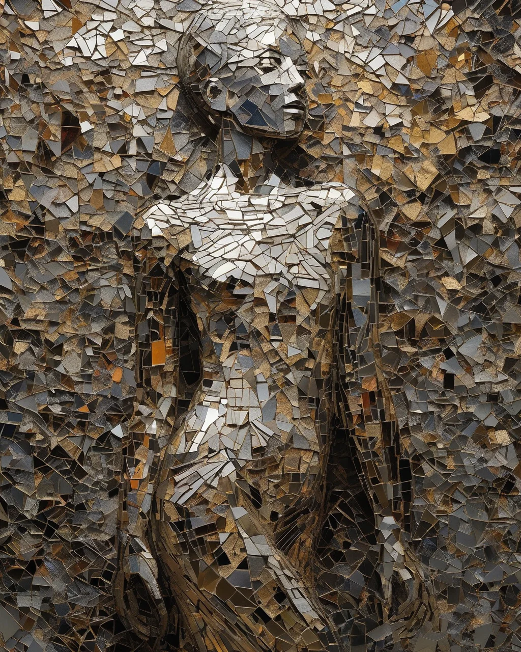 Sculpture: A fragmented mirror mosaic forming an abstract human figure, representing the complex facets of identity. by Ccile Dormeau , by Sophie Roach , by jinyoung shin, ,(( Annie Leibovitz , Gail Albert Halaban , Lewis Hine)) , by Molly Crabapple , by Noelle Stevenson