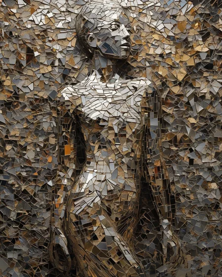 Sculpture: A fragmented mirror mosaic forming an abstract human figure, representing the complex facets of identity. by Ccile Dormeau , by Sophie Roach , by jinyoung shin, ,(( Annie Leibovitz , Gail Albert Halaban , Lewis Hine)) , by Molly Crabapple , by Noelle Stevenson