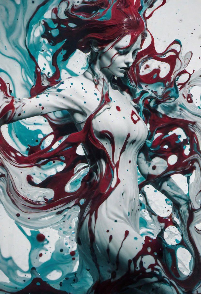  masterpiece, double exposure image by HGHD, Girl, ivory carving technique, graffiti print, Ruined Female Gremlin, torn dress, Magical hair, Hopeful, Vorticism Art, 80mm lens, anaglyph effect, dark red details, liquid vinyl spatter,  dynamic pose, swirling ink