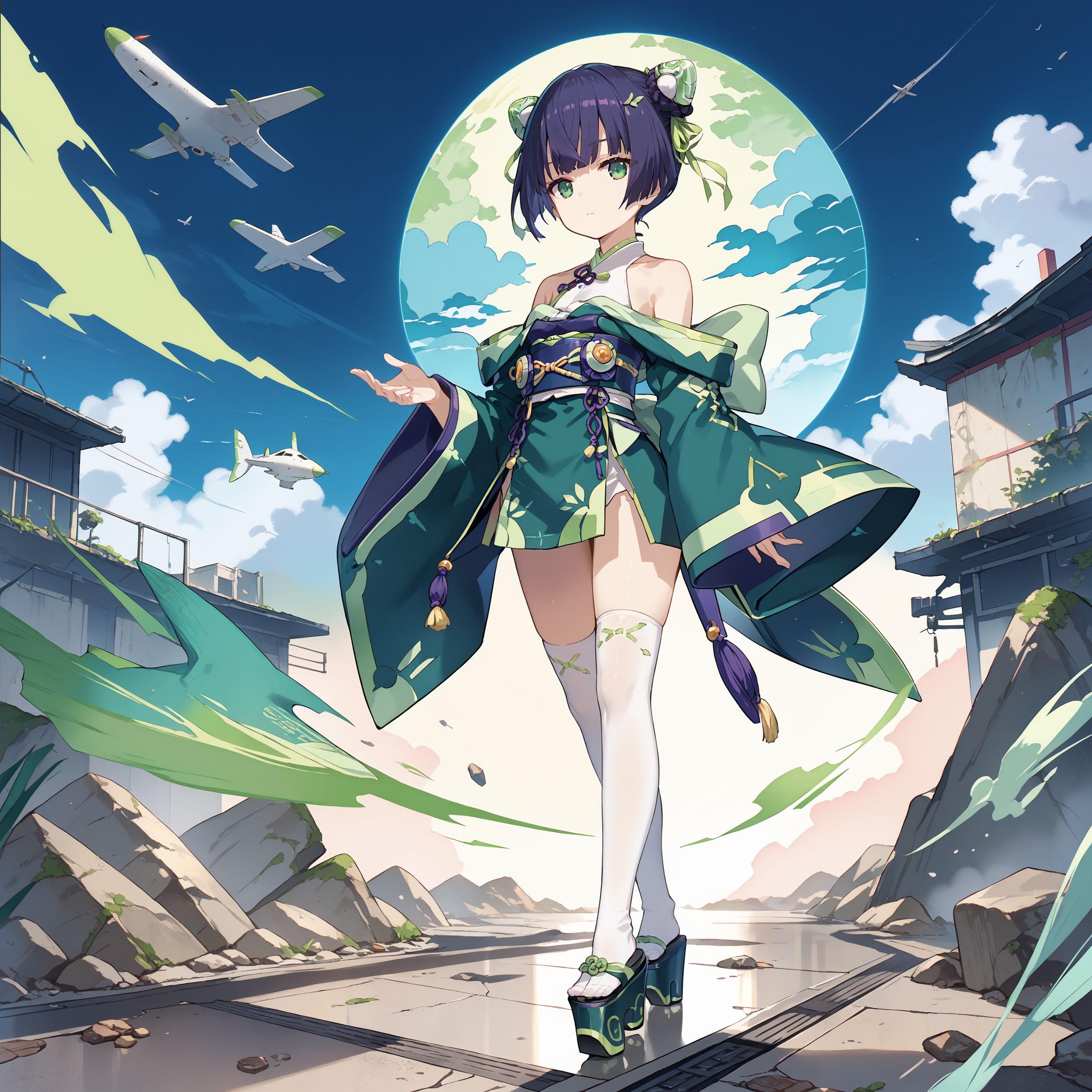 score_max, (score_9, score_8_up, score_7_up:1.2), score_6_up, official art,
masterpiece, absurdres, high detail, 8k,
concrete ground, aircraft, morning,
standing, expressionless, jitome,
chibi, ddphikari, hair ornament, double bun, bun cover, green ribbon, japanese clothes, green kimono, bare shoulders, long sleeves, wide sleeves, sleeves past wrists, obi, tassel, white thighhighs, platform footwear
<lora:XL_Pony_gomaotsu-hikari-t1:1.0>