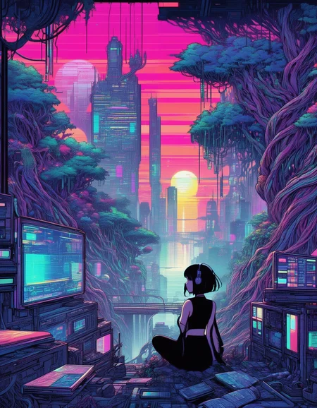glitch art, glitches, artifacts, anime style, 90s anime, retro, pixels, flat colors, line art, young woman, shorter black hair, large breasts, v-shirt, cleavage, grey headphones, necklace, cute face, large eyes, pale white skin, sitting on a roof of a tall building, overlooking a sci-fi city, gigantic futuristic buildings, overgrown, vines, gigantic trees, fantasy creatures, colorful vegetation, flooded, waterfalls, bridges, colorful neon lights, sunset, fog, moons, chromatic aberration, heavy film grain