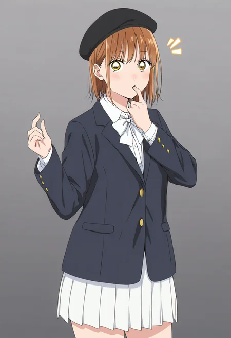 1girl, solo, Chinatsu, <lora:Kano_Chinatsu:0.7>, beret, black headwear, black jacket, blazer, finger in own mouth, grey background, hand up, hat, looking at viewer, mouth pull, notice lines, pleated skirt, puffy long sleeves, school uniform, white bow, white shirt, white skirt, masterpiece, best quality, amazing quality, very aesthetic, absurdres