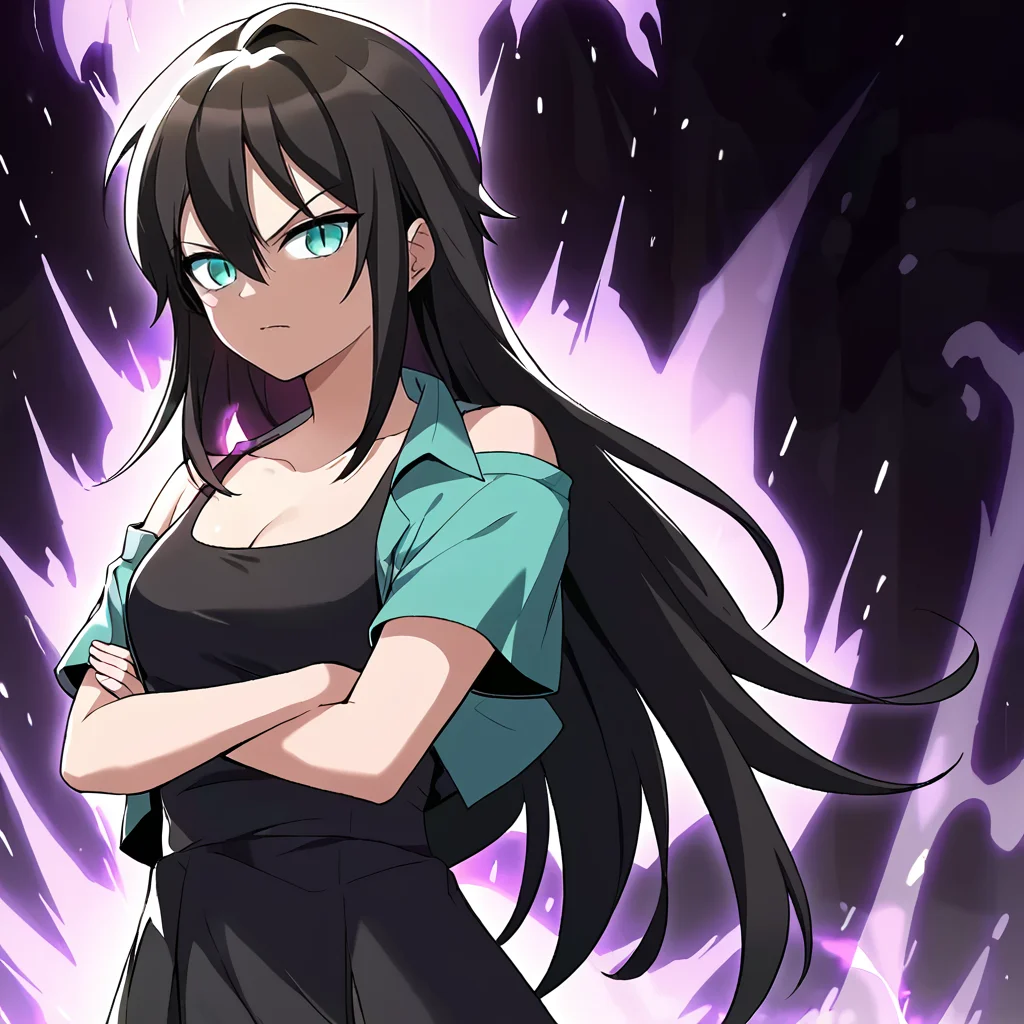 1girl, solo, rurin, long hair, black hair, aqua eyes, slit pupils, hair between eyes, bangs, collarbone, small breasts, cleavage, bare shoulders, dress, green jacket, open shirt, short sleeves, black dress, black tank top, looking at viewer, crossed arms, glaring, aura, glowing, purple aura,
score_9, score_8_up, score_7_up, masterpiece,
<lora:Rurin_r1:0.8>