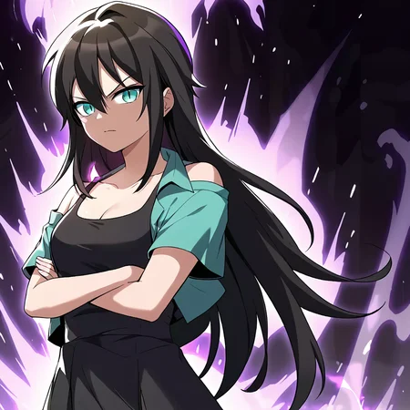 1girl, solo, rurin, long hair, black hair, aqua eyes, slit pupils, hair between eyes, bangs, collarbone, small breasts, cleavage, bare shoulders, dress, green jacket, open shirt, short sleeves, black dress, black tank top, looking at viewer, crossed arms, glaring, aura, glowing, purple aura,
score_9, score_8_up, score_7_up, masterpiece,
<lora:Rurin_r1:0.8>