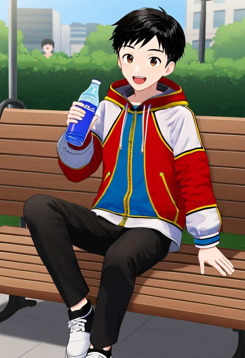 harmard, black hair, short hair, brown eyes, 1boy, (solo:1.20), solo focus, red_white_jacket, black pants, at park, happy expression, sit on bench, holding a bottle of water