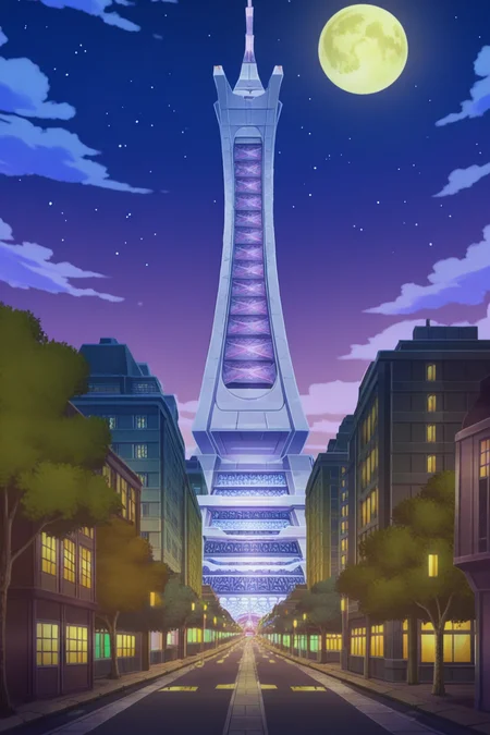 anime, animification, anime screencap, anime coloring, vivid colors, depth of field, high quality, highres, lumiose city, outdoors, ((sky)), cloud, tree, no humans, night, moon, building, prism tower, star, night sky, scenery, full moon, starry sky, city, road, cityscape, tower, city lights
<lora:Lumiose_city-10:1>