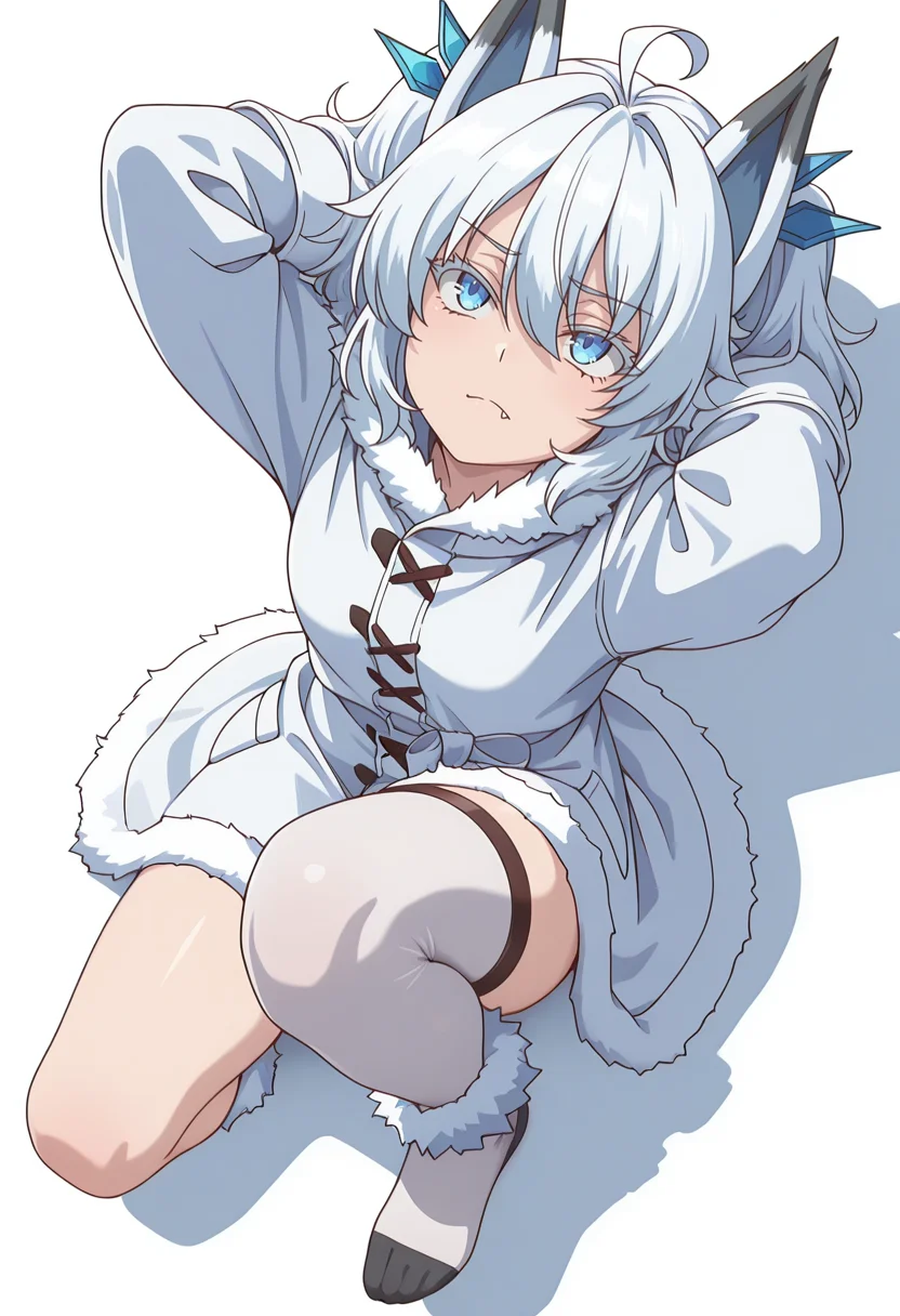 Smooth Quality,masterpiece,very intricate, high quality details, ultra realistic, high detailed skin,detailed enviorement,absurdres,
simple background, white background,
from above,reclining, arms folded behind head, one knee bent, looking up, peaceful mood, ,disgust,
doctor coat, ,parka, ,asymmetrical stockings, ,
<lora:Setsuna_cnn:0.8>setsunacnn,1girl, short hair, hair between eyes,blue eyes, white hair, ahoge, twintails, fang,fur trim,