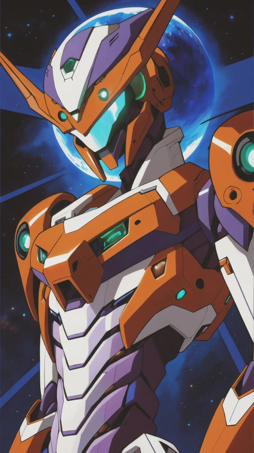 (masterpiece, best quality, hires), godlike astral entity, planets orbiting around face, body and face made of stars, translucent, ethereal, in space, intricate detail, 8k, hdr, solo, cityscape, destroyed buildings, anime, flesh mutant mecha, 2d style, intricate linework, full color, cybernetic enhancements, biomechanical flesh robot, flesh machine, mouth open, fangs, scene from neon genesis evangelion