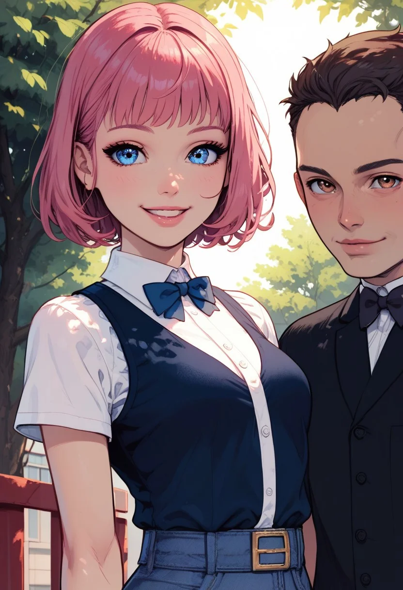 score_9, score_8_up, score_7_up, BREAK, 1girl, 1man, upper body focus, looking at viewer, happy smile, (half body:1.2),
skirt, short shirt, open stomach, casual dress man, standing, (young man:1.2), brown eyes, extra young woman,
tecna, pink hair, short hair, blue eyes, BREAK,
detailed face, sun, street background,