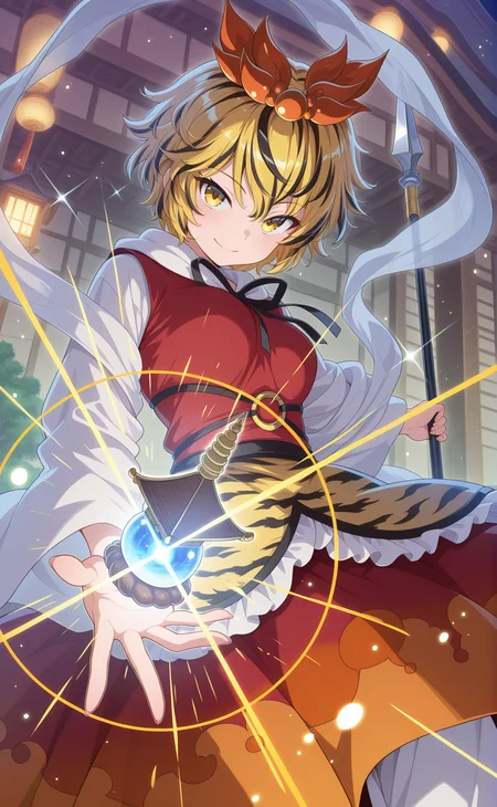 absurdres, highres, masterpiece, best quality, amazing quality, official anime artwork, screencap, anime screencap, looking at viewer, smile, 
 <lora:Shou-Toramaru_Illustrious:1> toramaru shou, 1girl, solo, two-tone hair, blonde hair, black hair, yellow eyes, short hair, streaked hair,, hair ornament, red dress, white sleeves, long sleeves, wide sleeves, red skirt, tiger print, white pants, shawl, 
light particles, eastern architecture, sparkle, glowing, bishamonten's spear, bishamonten's pagoda,