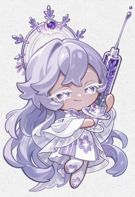 masterpiece,best quality,amazing quality,
colored eyelashes,white eyelashes,purple hair,smirk,very long hair,
soft,pastel purple and white clothing,lavender-themed accessories,gentle pose,solo,full body,bright,medical background,(medical theme:1.1),(floral theme:1.1),holding a gigantic,glowing syringe with a lavender-scented serum,surrounded by an aura of healing and care,with a few sprigs of dried lavender scattered around her,and a soft,soothing light emanating from the syringe as she prepares to administer a dose of her special medicine.,
crk1styl111,<lora:lycoris:1>,(chibi:1.4),