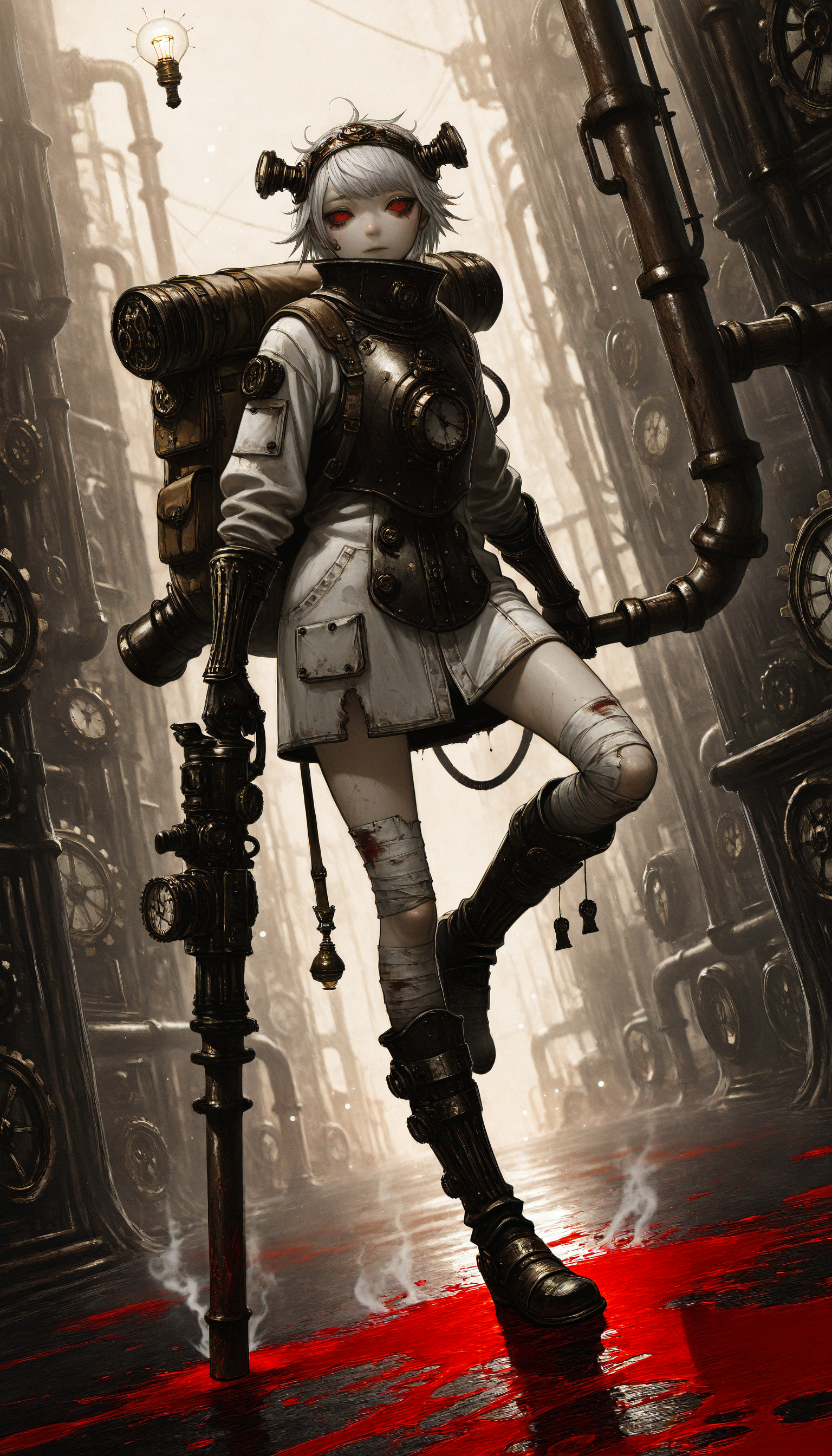 (AGM-Illu, best quality, abstract, steampunk, abstract_background, surreal, science_fiction, photoshop_(medium), original, horror_(theme), traditional_media, ink_splatter, blood_splatter, splatter_background, bokeh, HDR, contrapposto, dutch angle, depth of field) 
((yuba_no_shirushi 1girl armor armored_boots backpack bag bandages boots breastplate cable coat copyright_name cyborg empty_eyes full_body gauntlets gun hairband holding holding_weapon industrial_pipe light_bulb looking_at_viewer red_eyes short_hair solo standing standing_on_one_leg steam steampunk tag torn_clothes weapon white_hair))