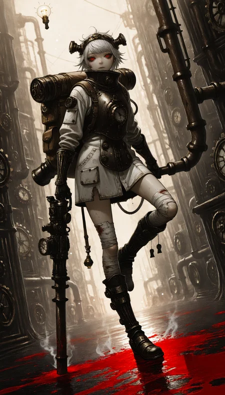 (AGM-Illu, best quality, abstract, steampunk, abstract_background, surreal, science_fiction, photoshop_(medium), original, horror_(theme), traditional_media, ink_splatter, blood_splatter, splatter_background, bokeh, HDR, contrapposto, dutch angle, depth of field)
((yuba_no_shirushi 1girl armor armored_boots backpack bag bandages boots breastplate cable coat copyright_name cyborg empty_eyes full_body gauntlets gun hairband holding holding_weapon industrial_pipe light_bulb looking_at_viewer red_eyes short_hair solo standing standing_on_one_leg steam steampunk tag torn_clothes weapon white_hair))
