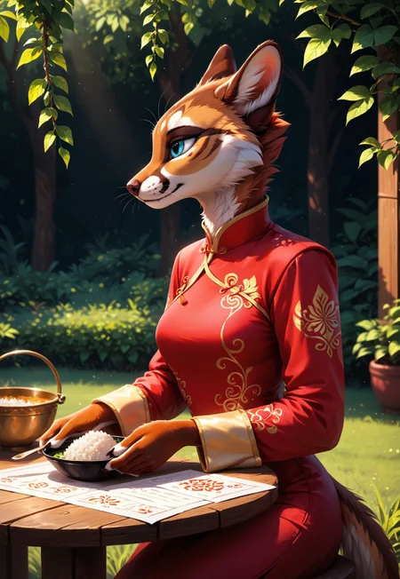 safe_pos, safe_pos, safe_pos, safe_pos, score_9, score_8_up, score_7_up, score_6_up, photorealistic, epiCPhotoGasm-colorfulPhoto, Realistic, highres, super high resolution, 8k, photo, furry, anthro, in the style of ck-mgs, nistyle, Special Ink-drawing mode, intricate linework with expressive contrasts, Mh1$AgThS2, Inkplash art on rice paper, sepia, henna , Silhouette Art, magnificent, inksplash image of stunning japanese woman, gold and red cheongsam, sitting in front of tori gate, facing viewer, dappled sunlight