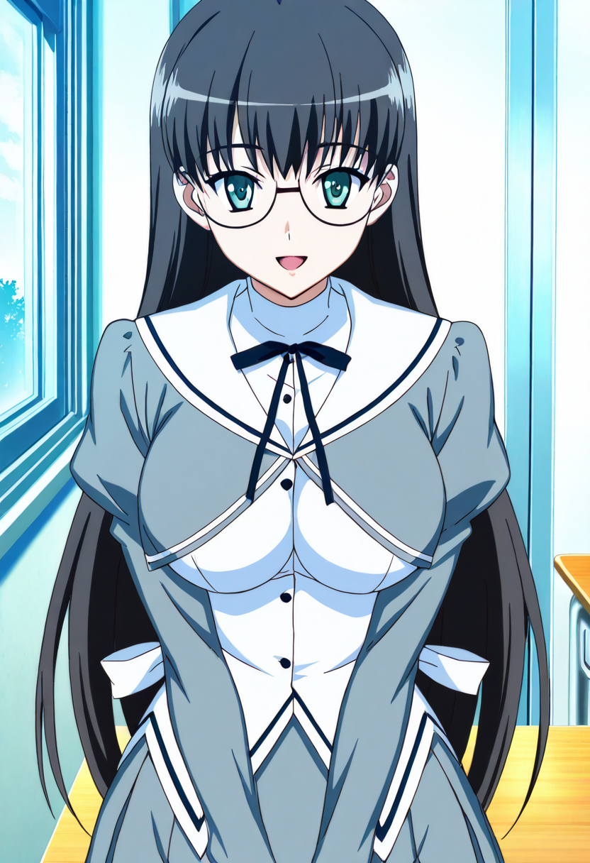 masterpiece, best quality,   1girl, solo, long hair, breasts, looking at viewer, smile, open mouth, blue eyes, large breasts, black hair, long sleeves, very long hair, school uniform, green eyes, glasses, indoors, classroom anime screenshot, ,    <lora:AkiSoraYumenoNaka_IXL:1.0>,