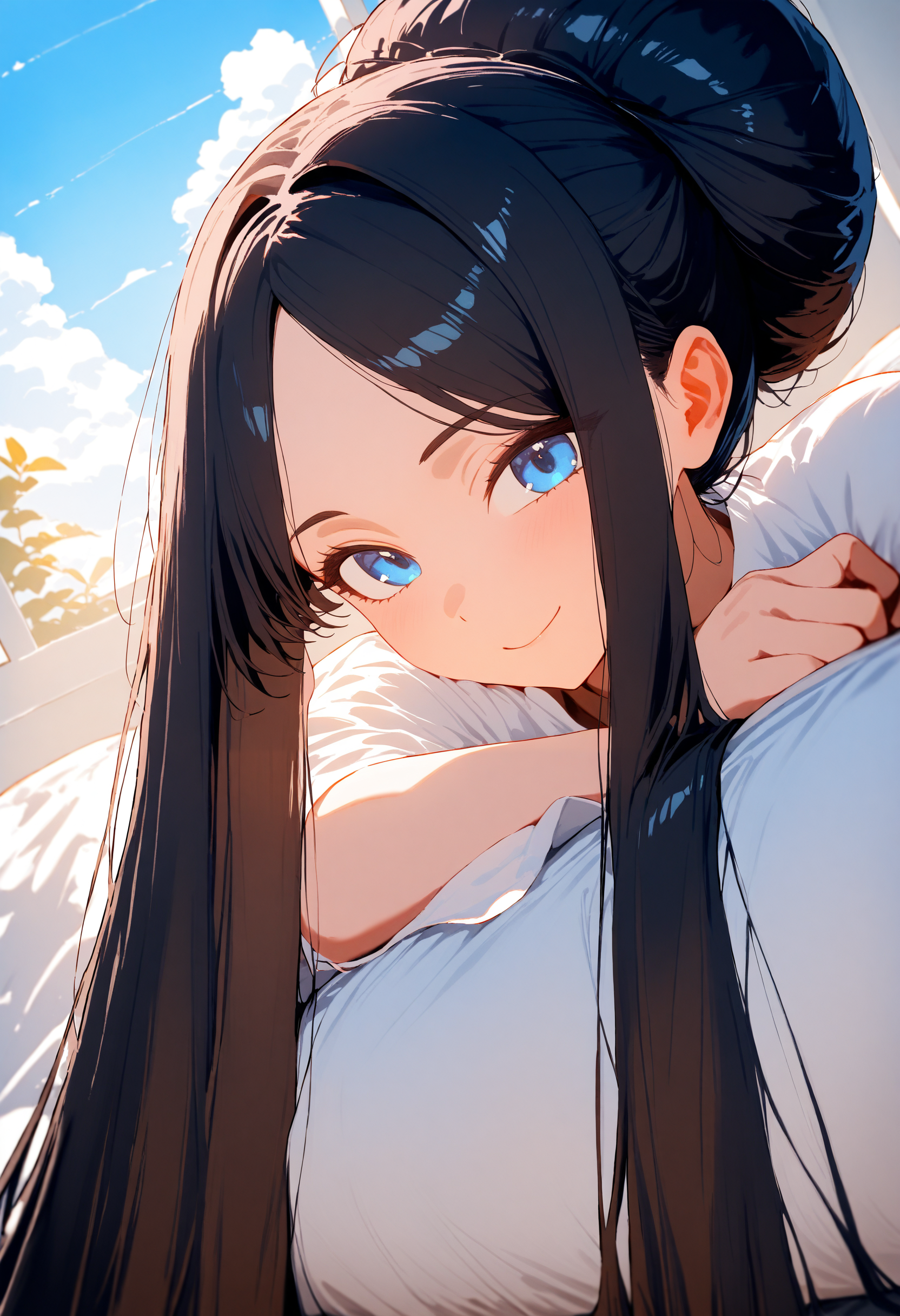 masterpiece, high score, great score, absurdres, year 2024
blue sky, clouds, sunshine, day
street, buildings, road
cowboy shot
wariza
smile, closed mouth, 
1girl, blue eyes, (black hair:1.0), parted bangs, straight hair
(gigantic hair bun:1.5), singled hair bun
medium breasts, white pantyhose, white pajamas