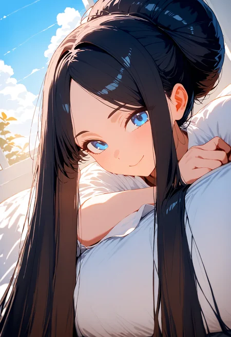 masterpiece, high score, great score, absurdres, year 2024
blue sky, clouds, sunshine, day
street, buildings, road
cowboy shot
wariza
smile, closed mouth, 
1girl, blue eyes, (black hair:1.0), parted bangs, straight hair
(gigantic hair bun:1.5), singled hair bun
medium breasts, white pantyhose, white pajamas