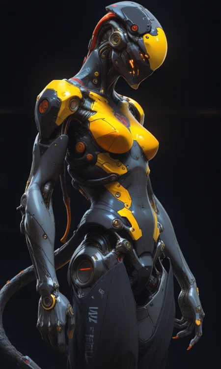 cyborg with yellow and orange color schemes and multiple appendages resembling what could possibly be some sort of viper design<lora:- iLL - the_edgy_mech_V2.0-step000013500:.8>