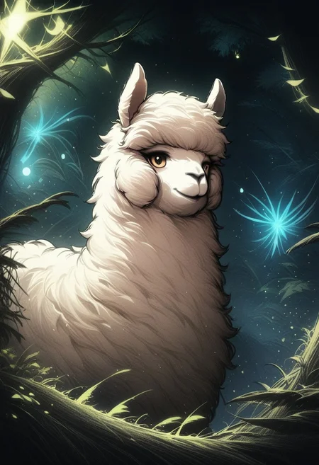 sketch of ((a fluffy alpaca)) in a mystical enchanted forest, bathed in a soft, ethereal glow. extremely detailed, 3nch4nt3d f0r3st, Masterpiece,best quality,hi res,8k,hi res,8k,award winning, sharp focus, intricate, highly detailed, doodle, ScribbleRay