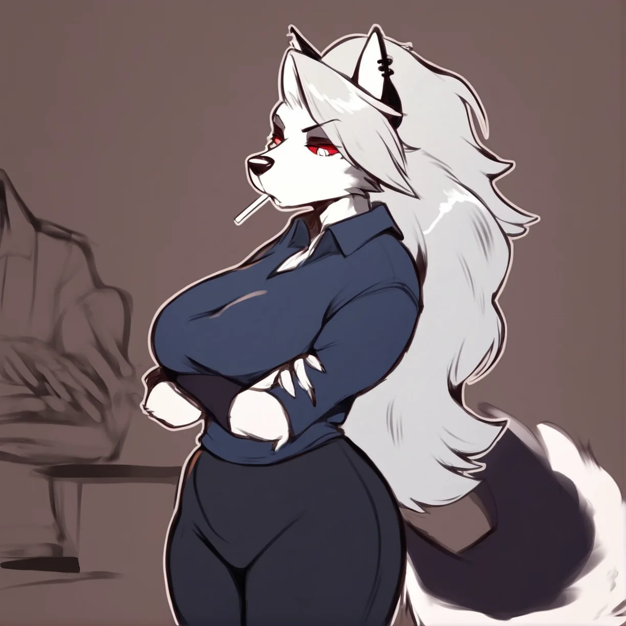 <lora:Inu-sama_Style_v2_PonyXL:0.7>, inu-sama, by dogsmith, score_9, score_8_up, score_7_up, score_6_up, score_5_up, score_4_up, source_furry, source_cartoon, rating_safe, anthro, big breasts, clothed, clothing, ear piercing, ear ring, female, solo focus, tight clothing, helluva boss, mythology, loona (helluva boss), canid, canid demon, canine, demon, hellhound, mammal, mythological canine, mythological creature, standing, crossed arms, cellphone, holding phone, lollipop, bored, detailed background, in an industrial complex