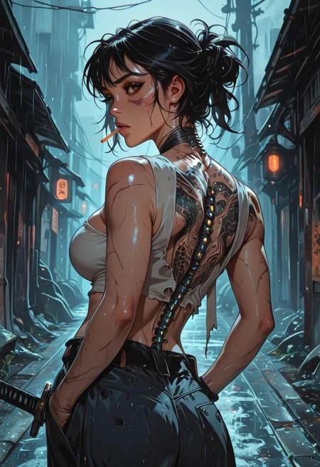 highres, very detailed, amazing quality, masterpiece,
very aesthetic,
particle effect, Cinematic,
1girl, solo, toned, toned body, scars, slashed clothing, ripped clothing, holes in pants, Black hair, hair up, beautiful, exposed shoulders, exposed back, bionic spine, smoking, cigarette, strong face, angled face, brown eyes, female yakuza, cybernetic katana, bandage top, tube top, large breasts:1.5, looking at viewer, intense glint in eye, beautiful eyes,
Back tattoo, Dragon back tattoo,
hands in pockets, baggy pants, ancient pants,
Raining, ancient Japanese street,
Close up, cowboy shot,
From behind, View from behind,