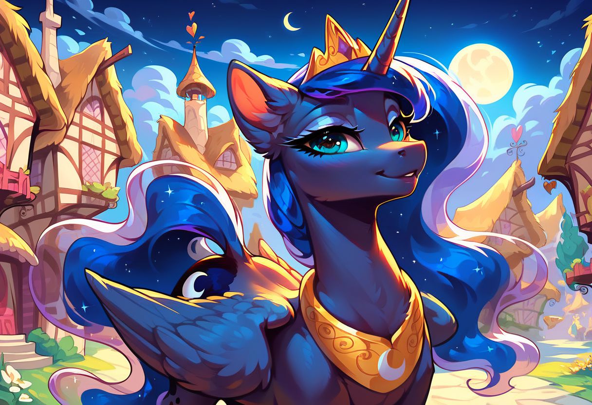 masterpiece, score_9, score_8_up, score_7_up, (best quality:1.1), ultra-detailed, high resolution, 1character, Princess Luna, Alicorn, female, cute, wings, night, dark, lidded eyes, looking at you, fluffy, ear fluff, long eyelashes, outdoors, (((beautiful detailed eyes))), Long eyelashes, Looking At Viewer, Highly Visible, (((8k))), Ponyville, sharp focus, perfect lighting, beautiful eyes, detailed outfit, long eyelashes, anatomically correct, extremely detailed, shine on body, high detail, cute face, Expressiveh, detailed background, OverallDetail, zPDXL2