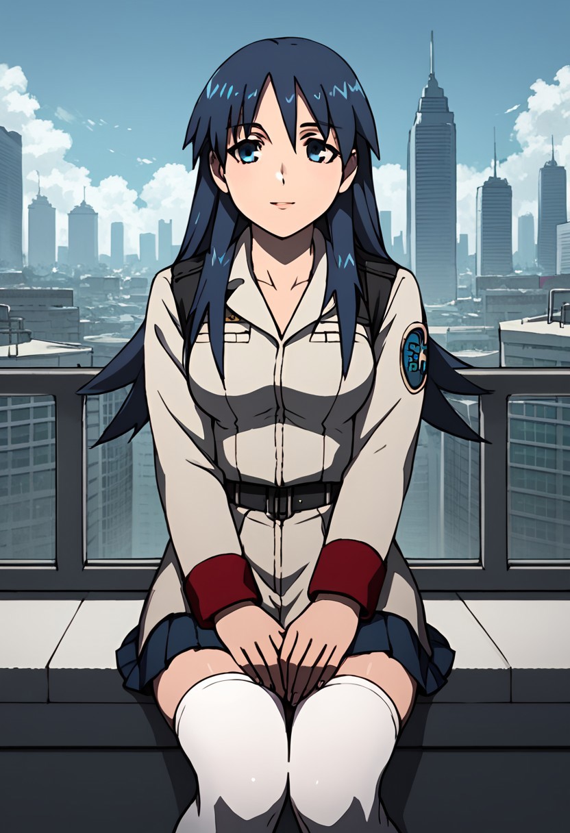 score_9, score_8_up, score_7_up,city view,female, blanchett, blue hair, long hair, blue eyes, military uniform,short skirt, white stocking,sitting,front view