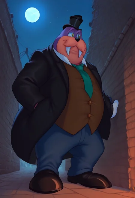 score_9, score_8_up, score_7_up, <lora:Honestjohngusherpony1.0:0.5> honest john gusher as a walrus, fat, overweight, walrus tusks, squinting eyes, smile, solo, 1boy, rotund, furry male, Rotor the walrus as mr walrus, with large mustache, <lora:MrWalrus_PXL_Leaf1:1>, green eyes, fangs, furry,  furry anthro, alley, dutch angle, posing, from below, clothed, (((dutch angle, posing, from below))), walrus, fat, overweight, walrus tusks, squinting eyes, smile, solo, 1boy, male focus, <lora:pony_monocles-step00000800:1>,(monocle),round eyewear, top hat,, suit, gloves, furry male, mustache, necktie, a robber-baron wearing a monocle on a chain on his left eye, top hat, white shirt, black vest from 1900 holding a pocketwatch, standing
BREAK
city, ruins, back alley, outside, night, moon, stars, ambient light,