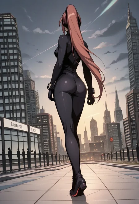 score_9, score_8_up, score_7_up, 1girl, late night, night, dark city, night city, buildings, full body, from the distance, from behind, from below, distant camera, poster, skycraspers on background, solo, cityscape, standing pose, dynamic pose, science fiction, 1girl, outdoors, from behind, Black Cat super heroine, anime source, Feng Ling, orange hair, long hair, ponytail, from below, shot from the distance, black bodysuit, looking at the sky, standing, medium breasts, black catsuit, nice ass, Tokyo city, <lora:add-detail-xl:-1>,