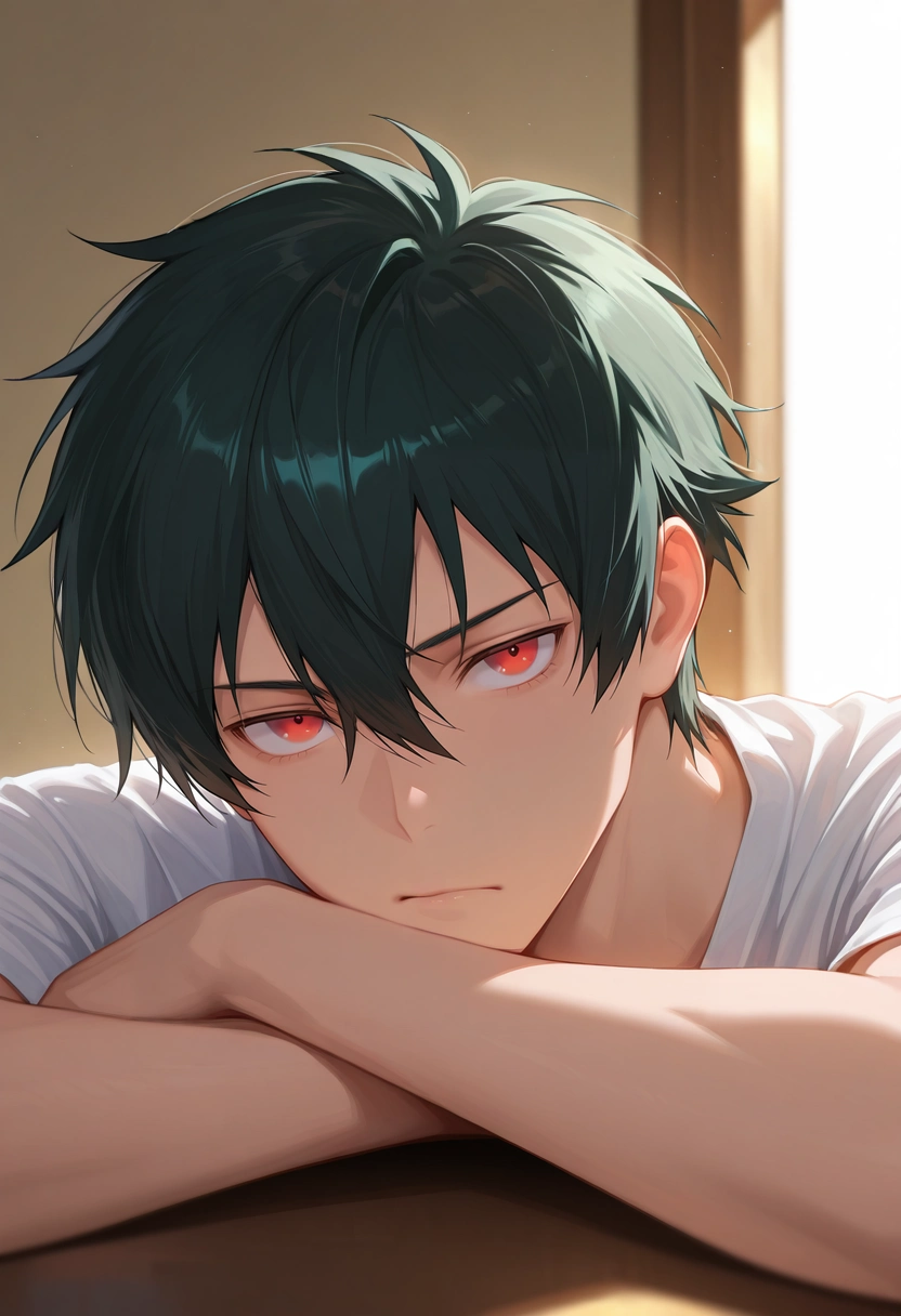 masterpiece, best quality, , semi-realistic, looking at viewer, 1boy, solo, male focus, <lora:sadao_maou_ilxl:0.94>, sadao_maou, black hair, red eyes, short hair, hair between eyes, disappointed expression, slouched posture, wide eyes, resting pose, soft light,