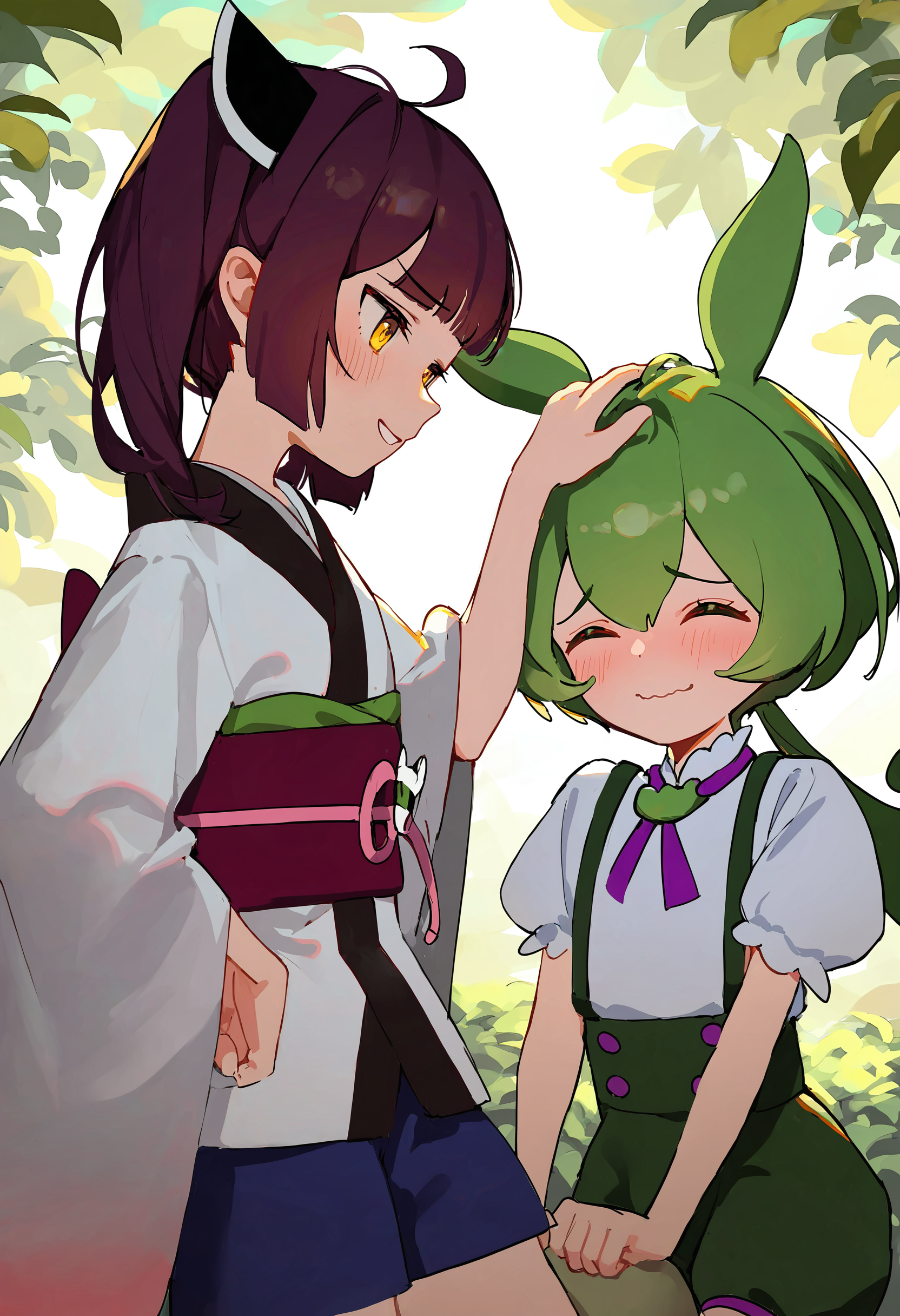 zundamon, touhoku kiritan, multiple girls, 2girls, suspenders, suspender shorts, closed eyes, headgear, green hair, brown hair, kimono, japanese clothes, shirt, white kimono, white shirt, hand on another's head, hand on own hip, ahoge, long hair, smile, low ponytail, green shorts, short sleeves, blush, headpat, yellow eyes, furrowed brow, purple neckerchief, grin, twintails, closed mouth, medium hair, shorts, blunt bangs, wavy mouth, petting, foliage, raised eyebrows
(tianliang duohe fangdongye:0.6),(wlop:0.3),(ciloranko:0.4),(kani biimu:0.3),(ningen mame:0.6),
masterpiece,best quality,year 20234,newest,highres,absurdres,