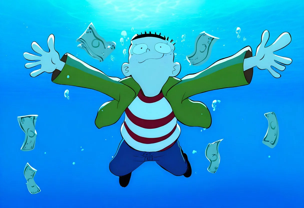 source_cartoon, masterpiece, best quality, absurdres, perfect lighting,shiny skin,<lora:StS-Illustrious-Detail-Slider-v1.0:3>,<lora:illustrious_noobai_epsilon_pred_1_best_quality_v1:1>,nirvana,parody,underwater, swimming,air bubble, bubble,water, blue theme, submerged, diving,money,outstretched arms,<lora:nirvana:0.9>,1boy, edboi,mnbrow,green jacket, red and white striped shirt, unibrow, blue jeans, black shoes,reaching towards viewer, chasing money,