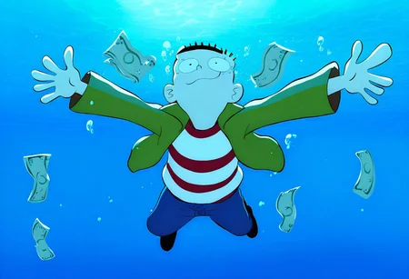 source_cartoon, masterpiece, best quality, absurdres, perfect lighting,shiny skin,<lora:StS-Illustrious-Detail-Slider-v1.0:3>,<lora:illustrious_noobai_epsilon_pred_1_best_quality_v1:1>,nirvana,parody,underwater, swimming,air bubble, bubble,water, blue theme, submerged, diving,money,outstretched arms,<lora:nirvana:0.9>,1boy, edboi,mnbrow,green jacket, red and white striped shirt, unibrow, blue jeans, black shoes,reaching towards viewer, chasing money,