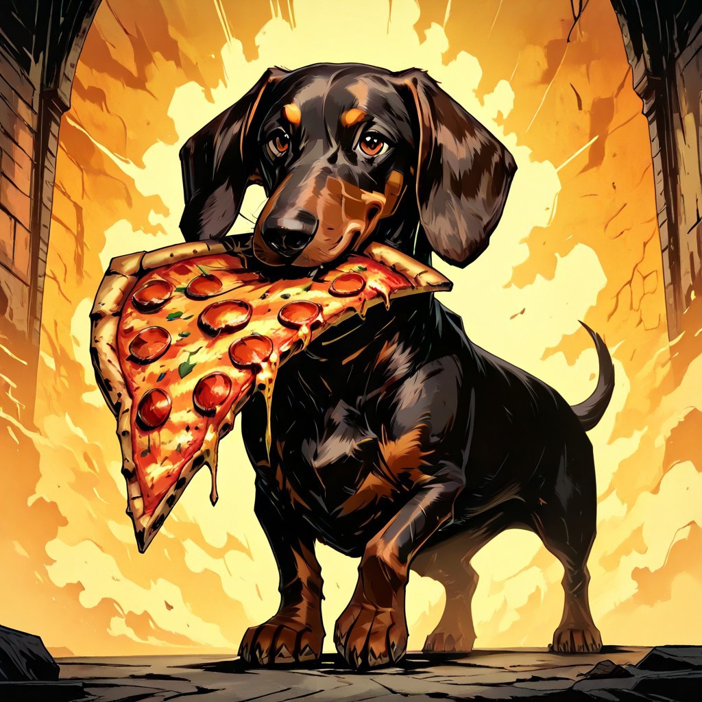 masterpiece, best quality, newest, absurdres, highres, anime, anime style, TTCSV1.0, DSV1.1-IL, dachshund, dog, animal focus, animal, no humans, DSV1.1-IL-PizzaDog, pizza, food,