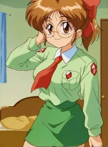 (zPDXL)Source_anime, 1girl, solo, cowboy shot, indoors, bedroom, smile, standing, looking at viewer, <lora:tetujin_futaba_pony:1>, tetujin_futaba, glasses, brown hair, ponytail, brown eyes, retro artstyle, long hair, 1990s \(style\) , round eyewear, breasts, bow, ribbon, dark green skirt, long sleeves, Light green shirt, hair bow, jacket, hair ribbon, red ascot, necktie