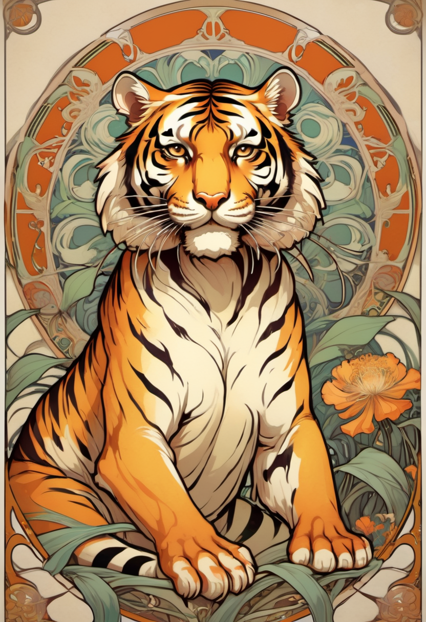 ccxl-mucha, art style, tiger  <lora:ccxl-mucha_lora_vA1:1>