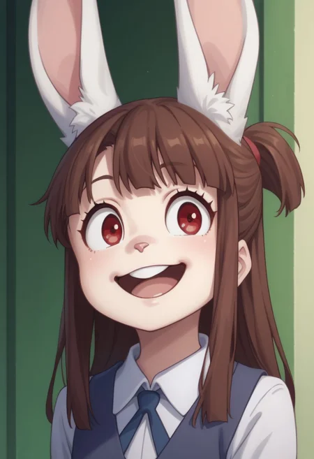 score_9, score_8_up, source_anime, highly detailed, 
akko, 1girl, animal ears, brown hair, rabbit ears, rabbit nose, smile, solo, red eyes,
bangs, school uniform, parody, long hair, open mouth, rabbit teeth,
