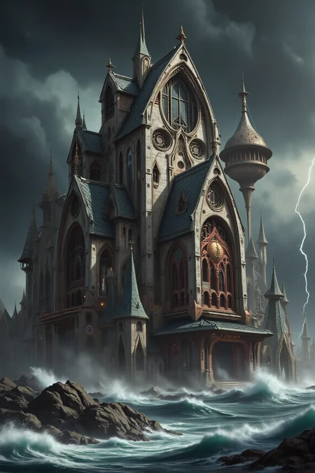 YFG-Sm0rg, YFG-Zaat, A digital illustration of a reimagining of an modern day architecture into a grimdark Gothic fantasy style. The main focus is 'The Sydney Opera House'. The building is decorated with Gothic theme decoration. The building give a rustic and old feeling that is almost ancient. In the background a storm is brewing. Thunderstorm is raging and the sea is ruff with high waves.