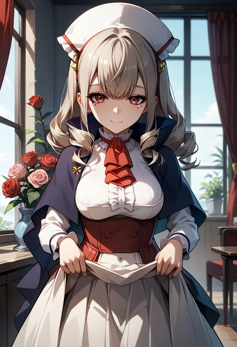 score_9,score_8_up,score_7_up,source_anime, Sophia Keren,1girl,solo,breasts,looking at viewer,smile,skirt,long sleeves,dress,closed mouth,medium breasts,flower,frills,white dress,mole,clothes lift,ascot,rose,skirt lift,lifted by self,red ascot,