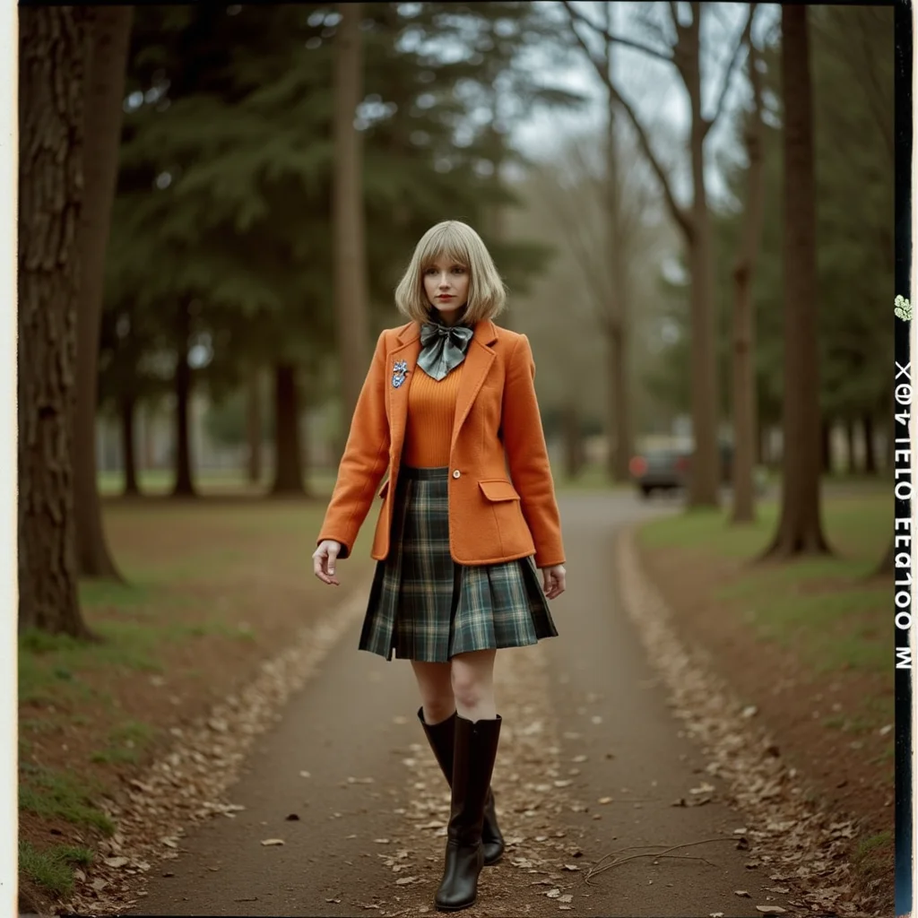 Faded Polaroid Photo, analog film photo <lora:AshleyR4:0.8> aslx, costume, aslx, a woman wearing an ashley graham costume with orange jacket, plaid skirt, black boots, blond hair styled in a bob, she's in a forest, walking slowly, ultra detailed, ultra realistic, ultra quality, cinematic, cinematic lighting, ultra detailed . faded film, desaturated, 35mm photo, grainy, vignette, vintage, Kodachrome, Lomography, stained, highly detailed, found footage, analog, old faded photo, old polaroid, RAW candid cinema, 16mm, color graded portra 400 film, remarkable color, ultra realistic, textured skin, remarkable detailed pupils, realistic dull skin noise, visible skin detail, skin fuzz, dry skin, shot with cinematic camera