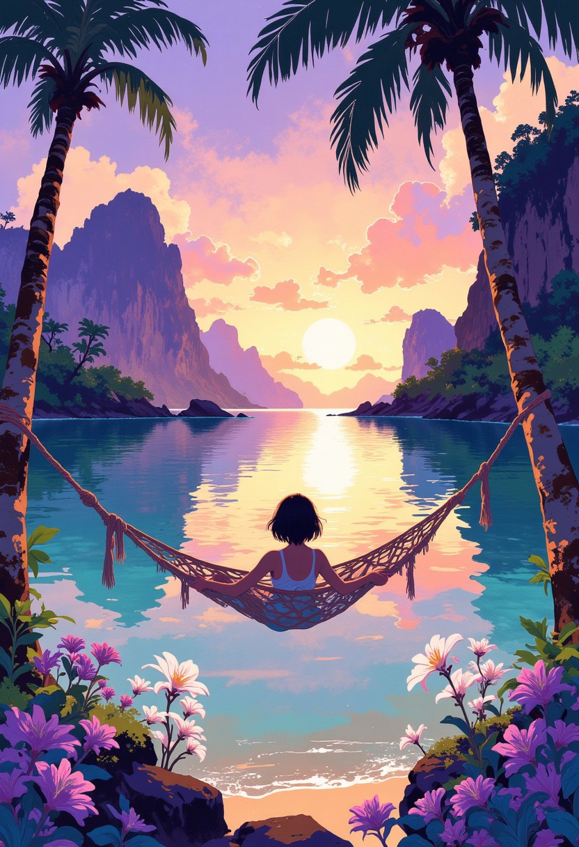 A serene and idyllic tropical paradise scene featuring a girl lounging in a hammock suspended between two palm trees. The hammock gently sways above the calm, crystal-clear water of a lagoon surrounded by towering limestone cliffs and lush tropical greenery. The setting sun casts a warm golden glow over the entire landscape, reflecting beautifully on the water and creating a tranquil atmosphere.
The girl, with her short, messy hair catching the soft sunlight, sits peacefully in the hammock, gazing out at the horizon. The sky is painted with hues of pink, orange, and lavender, blending seamlessly into the serene waters below. Delicate white and lilac tropical plants frame the foreground, adding vibrant colors to the composition.
The overall mood of the scene is one of calmness and escape, evoking a dreamlike sense of being immersed in nature's beauty. The art style emphasizes soft, natural lighting and rich details, enhancing the peaceful and picturesque ambiance.
i11ustmin Illustration