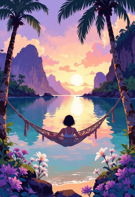 A serene and idyllic tropical paradise scene featuring a girl lounging in a hammock suspended between two palm trees. The hammock gently sways above the calm, crystal-clear water of a lagoon surrounded by towering limestone cliffs and lush tropical greenery. The setting sun casts a warm golden glow over the entire landscape, reflecting beautifully on the water and creating a tranquil atmosphere.
The girl, with her short, messy hair catching the soft sunlight, sits peacefully in the hammock, gazing out at the horizon. The sky is painted with hues of pink, orange, and lavender, blending seamlessly into the serene waters below. Delicate white and lilac tropical plants frame the foreground, adding vibrant colors to the composition.
The overall mood of the scene is one of calmness and escape, evoking a dreamlike sense of being immersed in nature's beauty. The art style emphasizes soft, natural lighting and rich details, enhancing the peaceful and picturesque ambiance.
i11ustmin Illustration