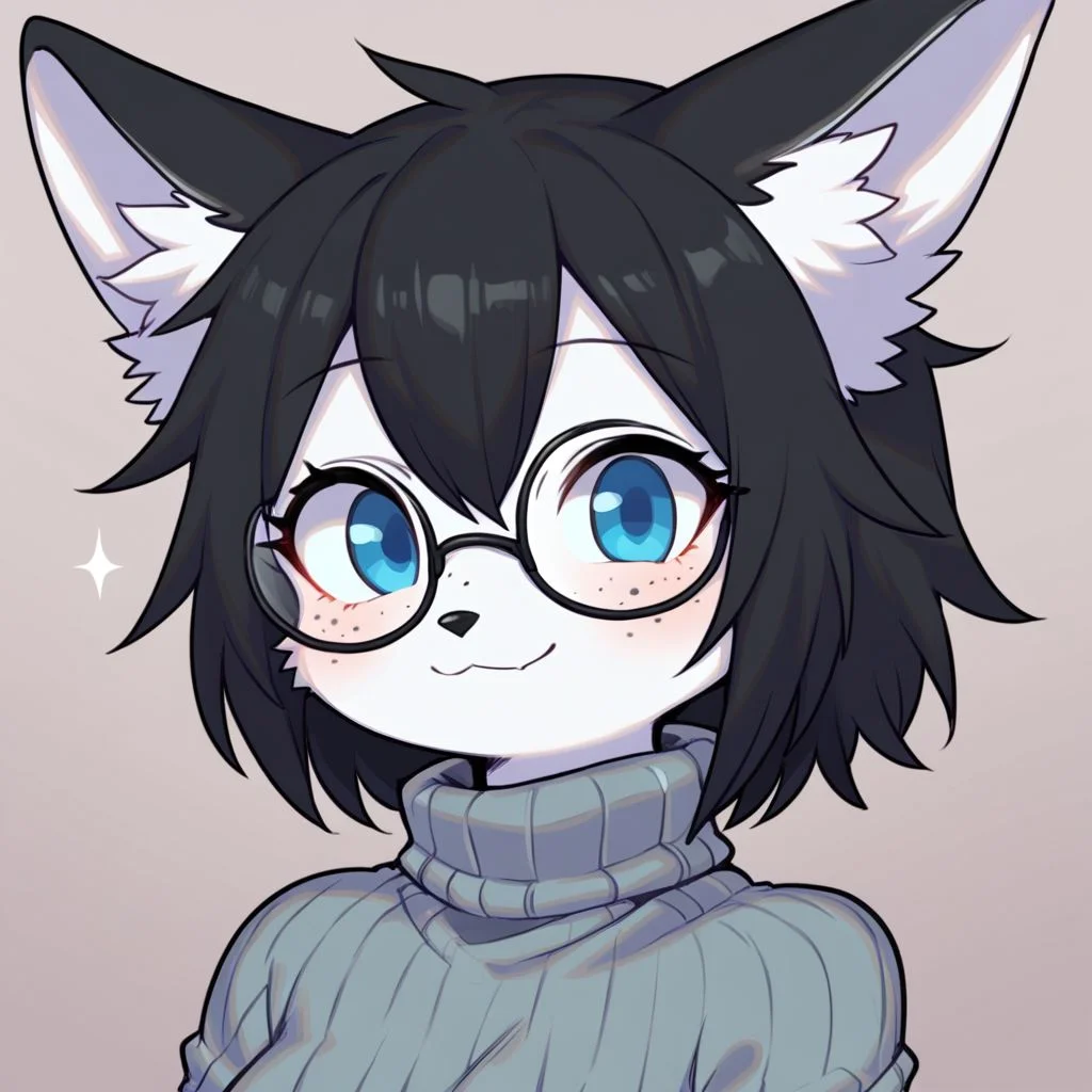 midna, fox ears, 1girl, fox girl, furry female, eyewear, freckles, turtleneck, smile, black hair, short hair, bangs, blue eyes, headshot, by rikose