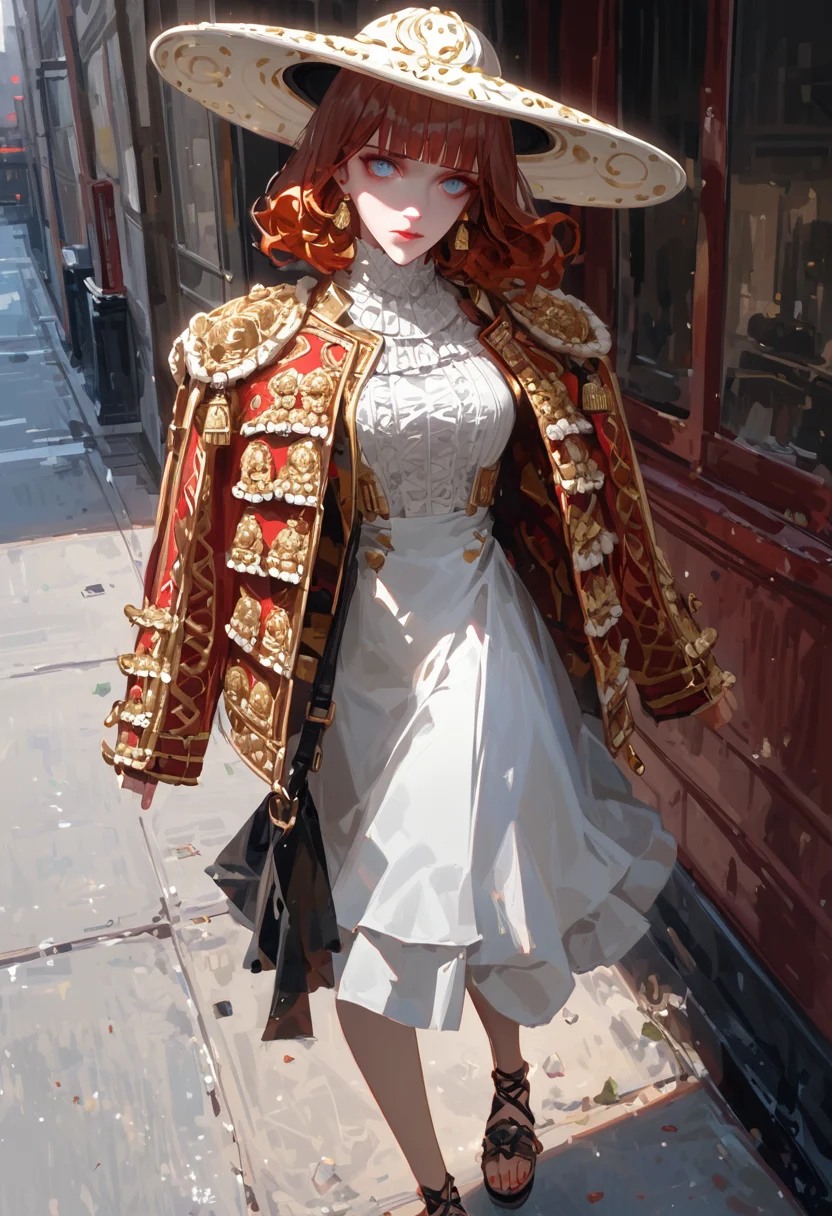 score_9, score_8_up, half length, solo, willowy 1girl wearing plain black gauze maxi skirt and sandals and ornate red and gold jacket,wide brim felt hat, eyes shaded, auburn hair, blunt bangs, white blouse, breasts, new york city sidewalk
<lora:traje_PNY_Panache:0.8> <lora:Expressive_H:1> Expressiveh
