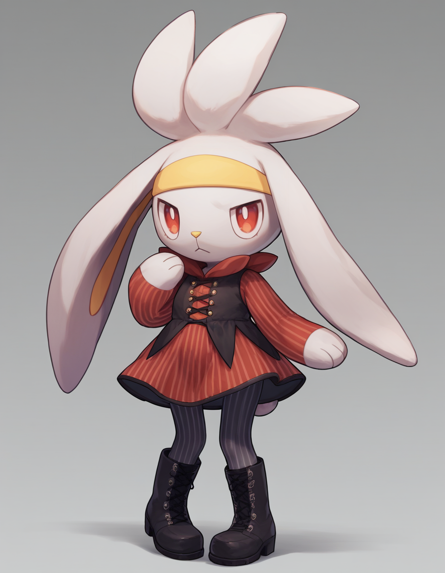 score_9, score_8_up, score_7_up, score_6_up, score_5_up, score_4_up, 1girl, full body, solo,
 <lora:Raboot_v0-3:1> raboot, pokemon \(creature\), white fur, droopy ears, rabbit ears, rabbit tail, red eyes, looking at viewer, furry female, yellow hairband,
velvet-dress, over-the-knee-boots, pinstripe-pantyhose