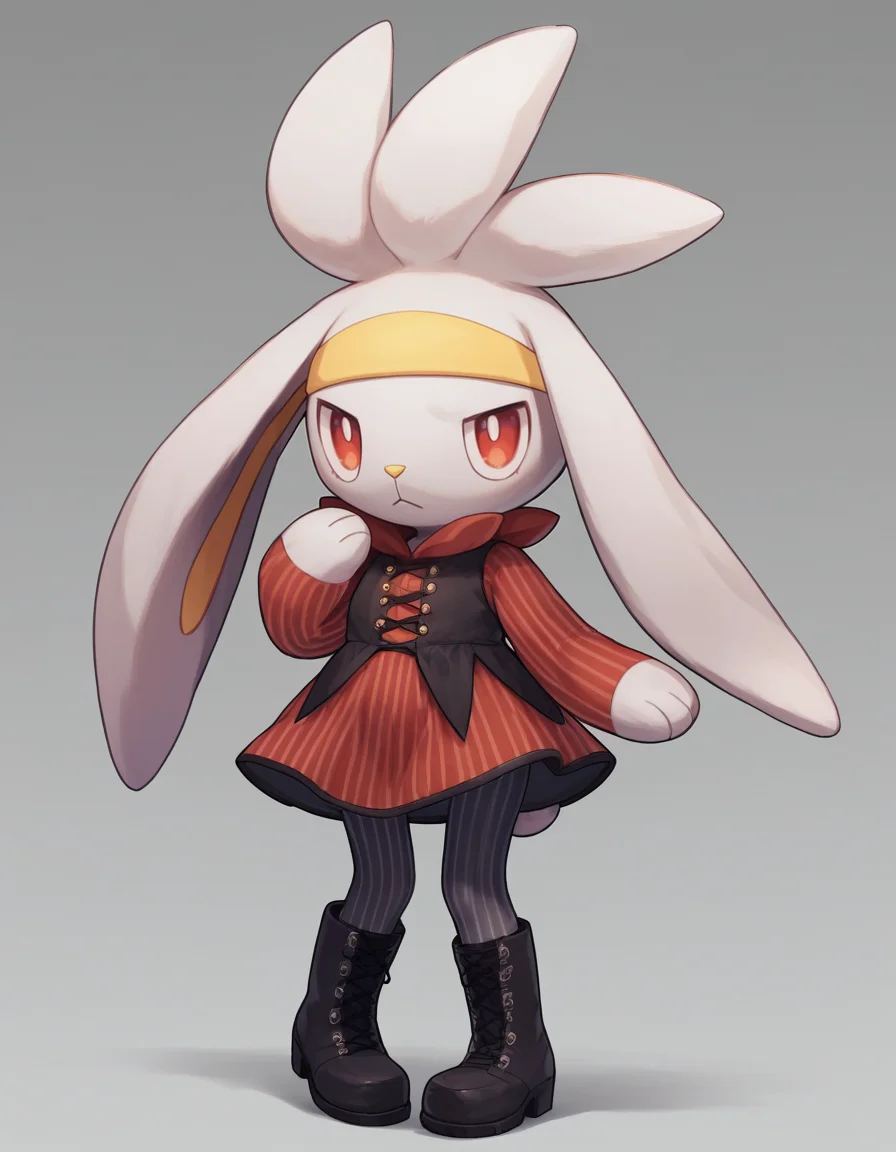 score_9, score_8_up, score_7_up, score_6_up, score_5_up, score_4_up, 1girl, full body, solo,
<lora:Raboot_v0-3:1> raboot, pokemon \(creature\), white fur, droopy ears, rabbit ears, rabbit tail, red eyes, looking at viewer, furry female, yellow hairband,
velvet-dress, over-the-knee-boots, pinstripe-pantyhose