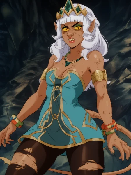 score_9, score_8_up, score_7_up, <lora:100_ratrot_pdxl:1> 1girl ,solo, yellow sclera, sharp nails, hairy, bad skin, warty, rr_nose, rr_pointed_ears, rr_tail, rr_teeth, torn clothes, standing, <lora:Qiyana_Clasic:1> qiyana, dark-skinned female, jewelry, bare shoulders, tiara, bracelet, cleavage, armlet, necklace, dress, pantyhose, nail polish, medium breasts, thighs, looking at viewer, bend back, arms out, mindless, no humans