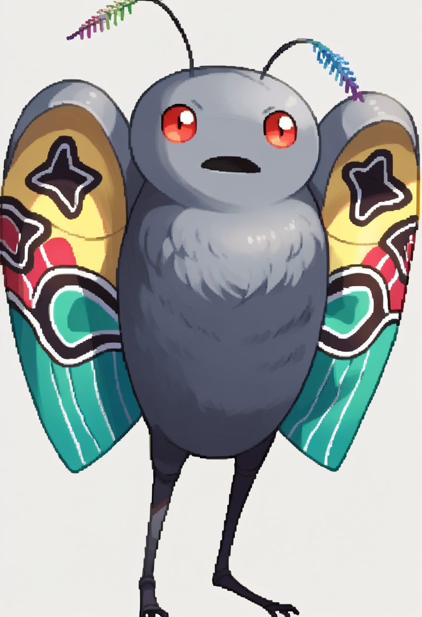 score_9, score_8_up, score_7_up, source_anime, BREAK, solo, <lora:Dengeki_Bunko-pdxl_Fp:1>, simple background, full body, standing, pokemon \(creature\),  <lora:Mothman-pdxl_Fp:1>, mothman, red eyes, open mouth, antennae, grey skin, wings,
